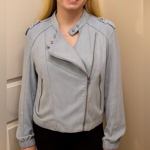 BLANK NYC Blue Suede Moto Jacket with Asymmetrical Design and Lapels.